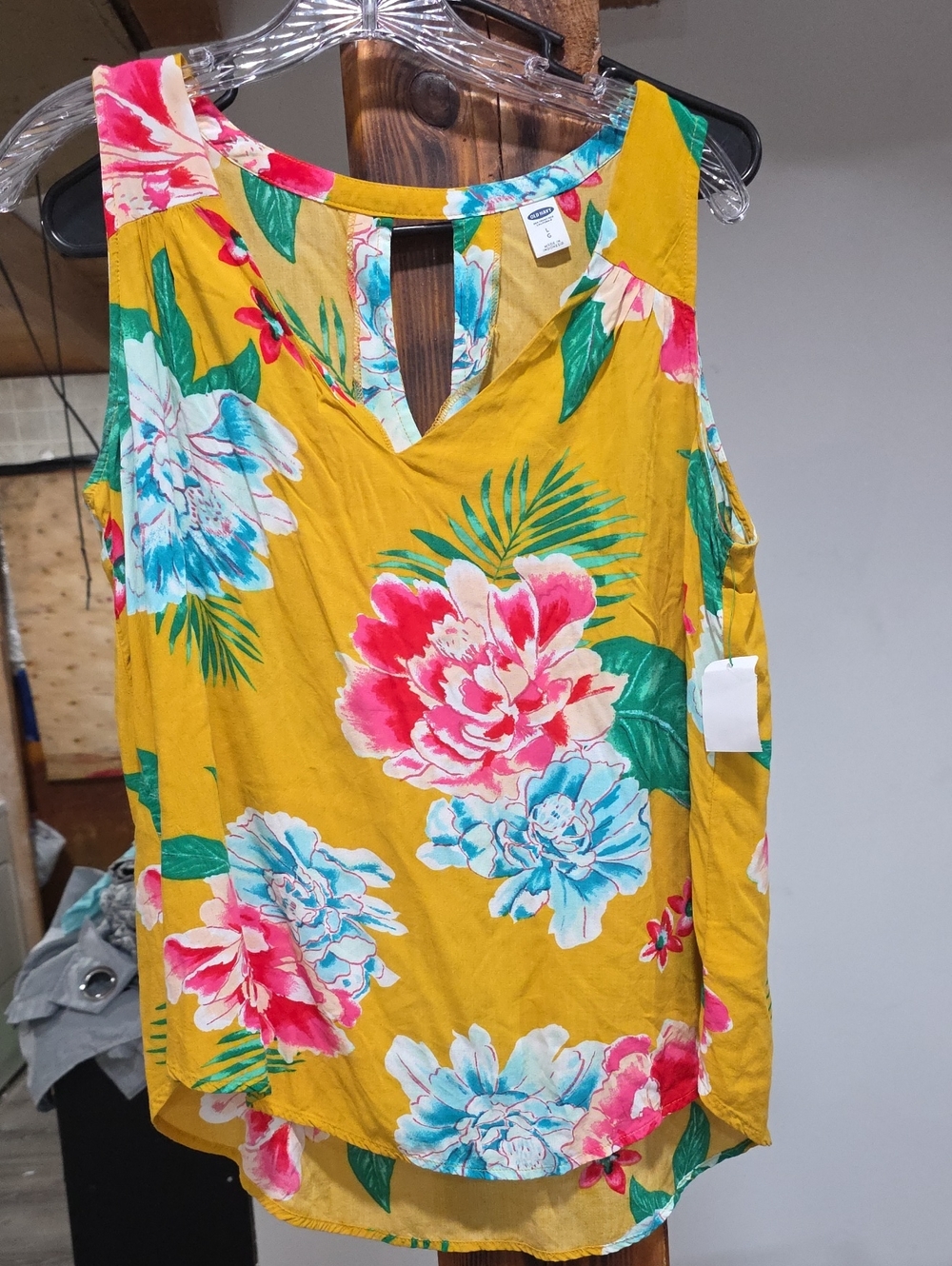 Old Navy Mustard Yellow Floral Tank with Teal Trim